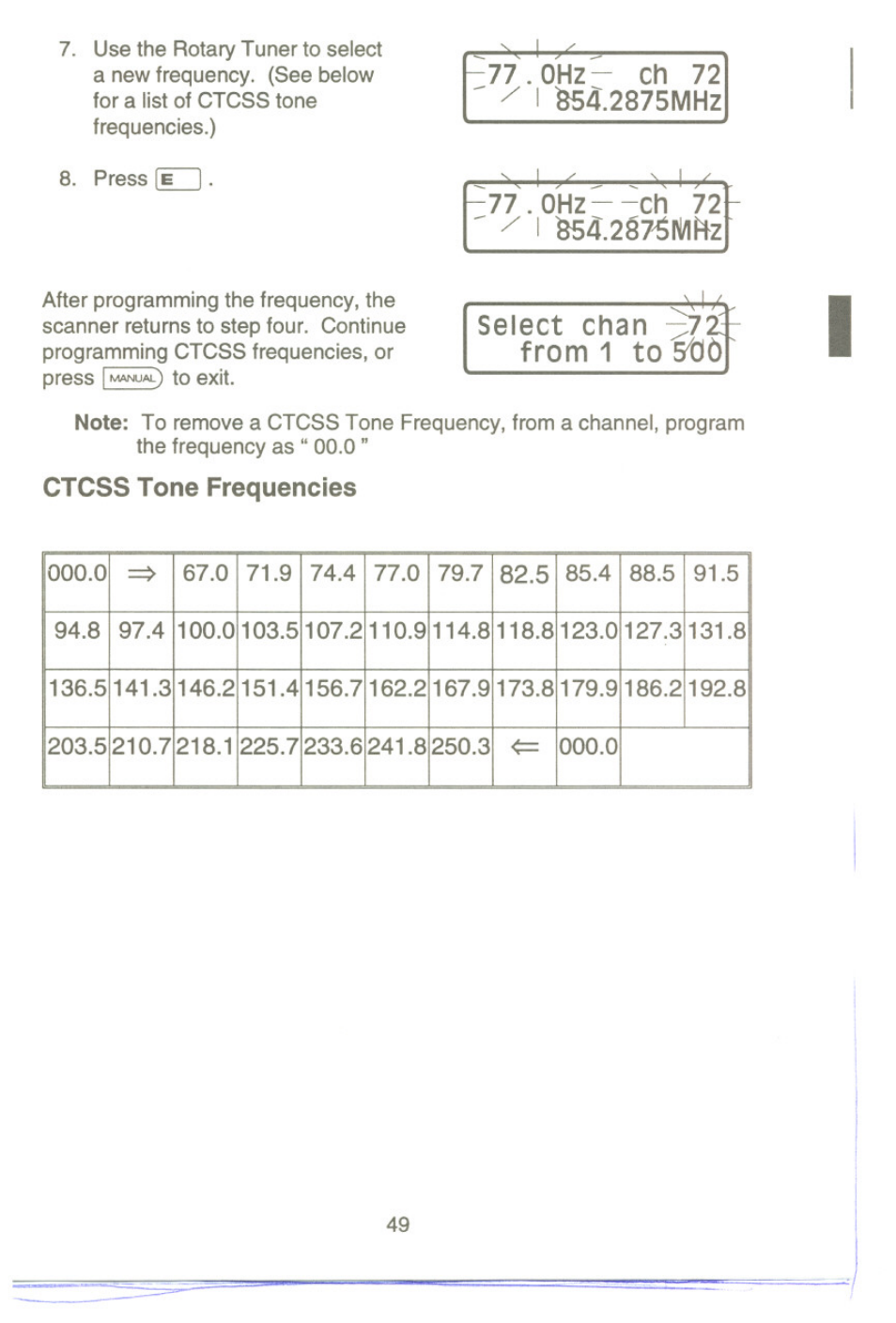 0hz--ch 72 ' ^ i ^4.2§7^mfe, Select chan from 1 to st3i), Ctcss tone frequencies | 0hz--ch 72 | Uniden UBC9000XLT User Manual | Page 52 / 58