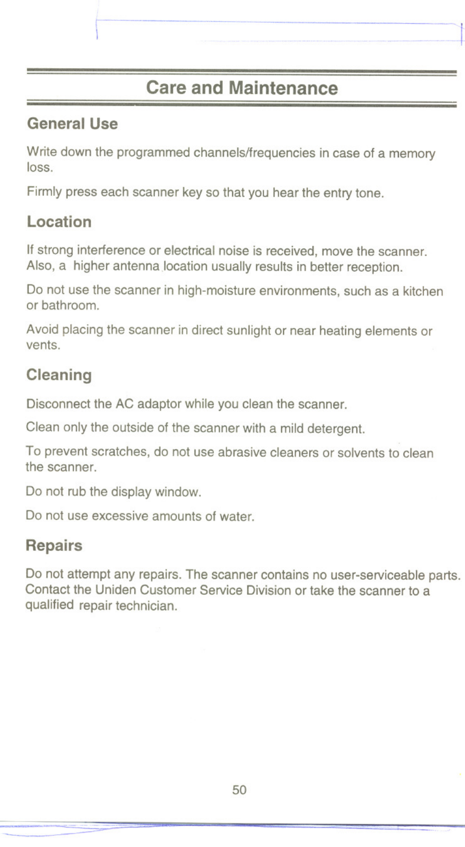 Care and maintenance, General use, Location | Cleaning, Repairs | Uniden UBC9000XLT User Manual | Page 53 / 58