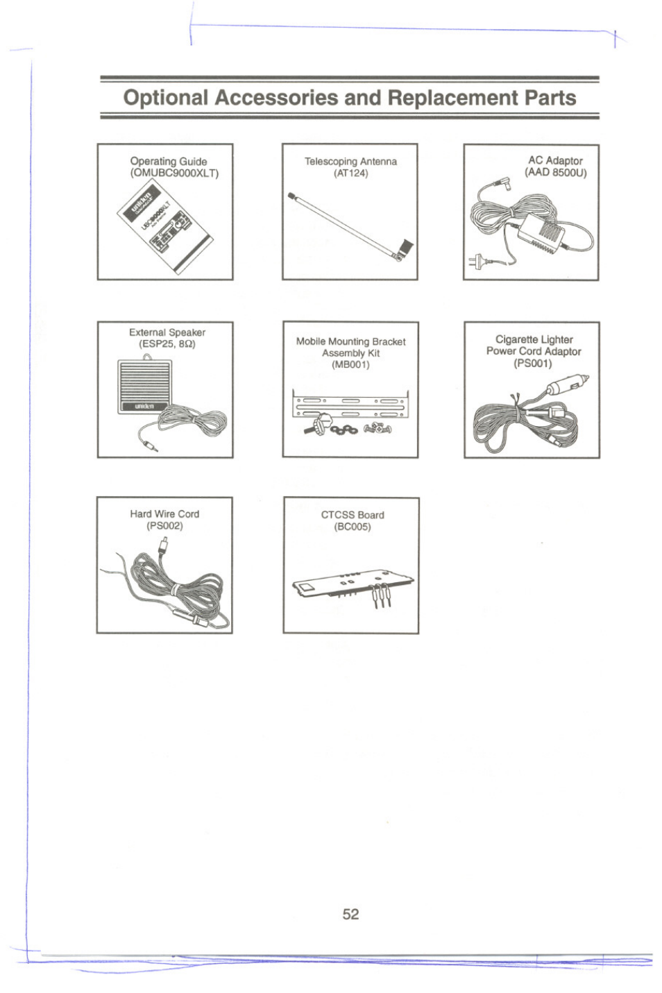 Optional accessories and replacement parts | Uniden UBC9000XLT User Manual | Page 55 / 58