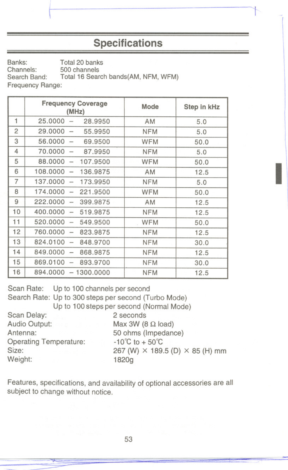 Specifications | Uniden UBC9000XLT User Manual | Page 56 / 58