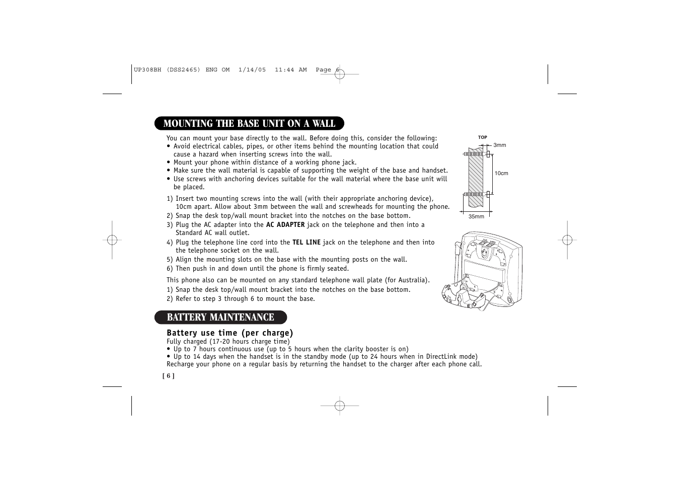 Battery maintenance, Mounting the base unit on a wall | Uniden DSS 2455 User Manual | Page 12 / 76