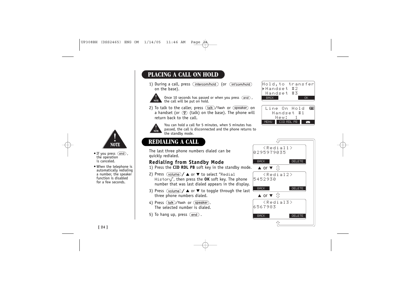Placing a call on hold, Redialing a call | Uniden DSS 2455 User Manual | Page 30 / 76