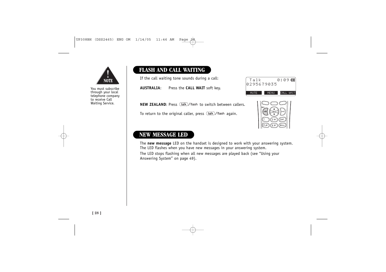 New message led, Flash and call waiting | Uniden DSS 2455 User Manual | Page 34 / 76