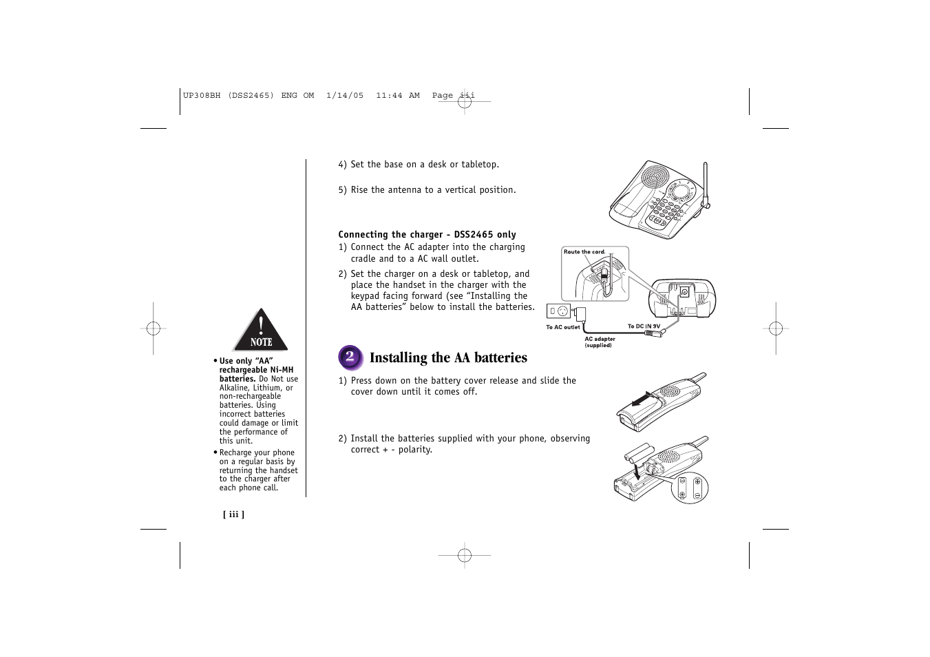 Installing the aa batteries | Uniden DSS 2455 User Manual | Page 4 / 76