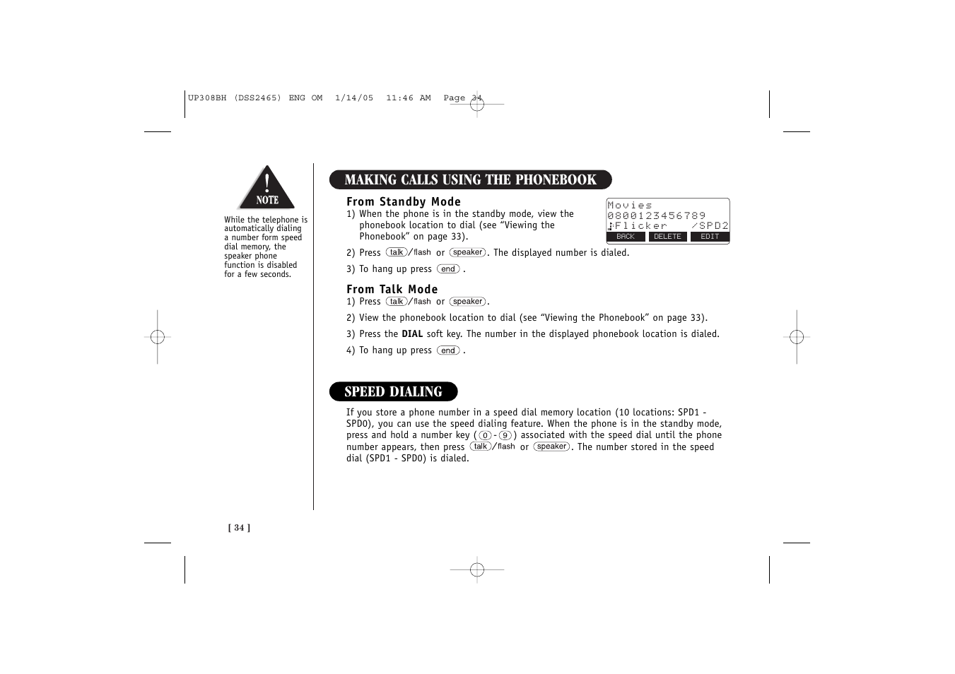 Making calls using the phonebook, Speed dialing | Uniden DSS 2455 User Manual | Page 40 / 76