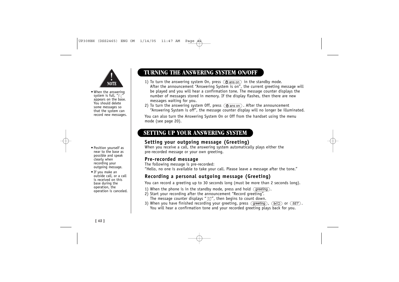 Turning the answering system on/off, Setting up your answering system | Uniden DSS 2455 User Manual | Page 48 / 76