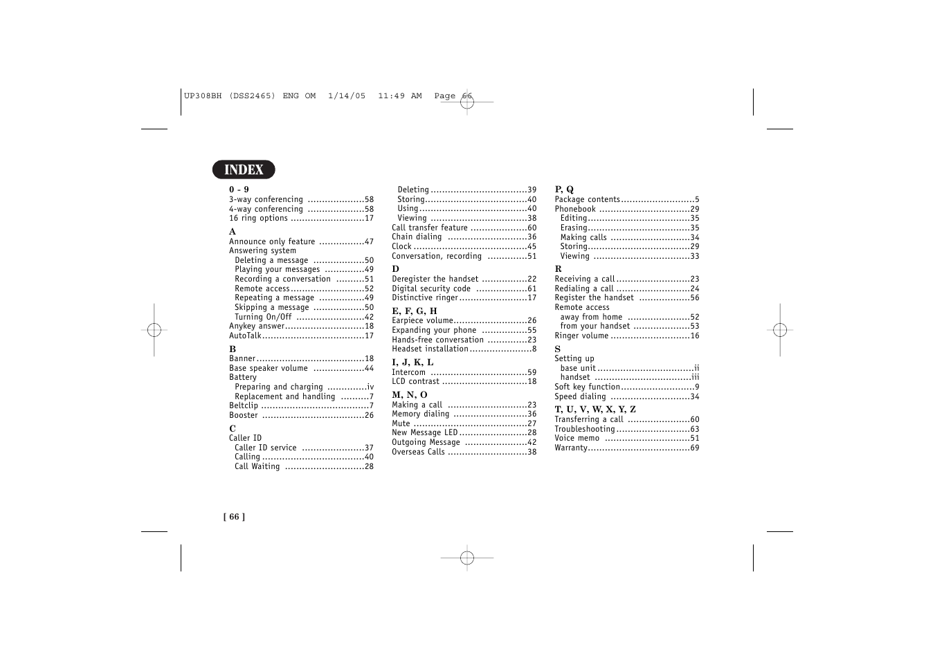 Index | Uniden DSS 2455 User Manual | Page 72 / 76
