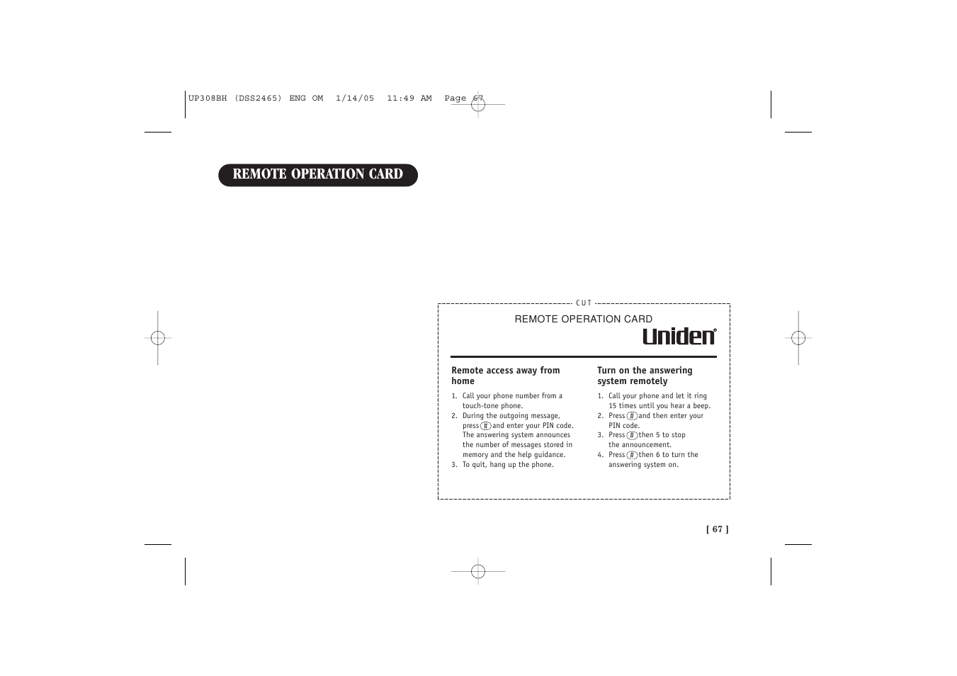 Remote operation card | Uniden DSS 2455 User Manual | Page 73 / 76