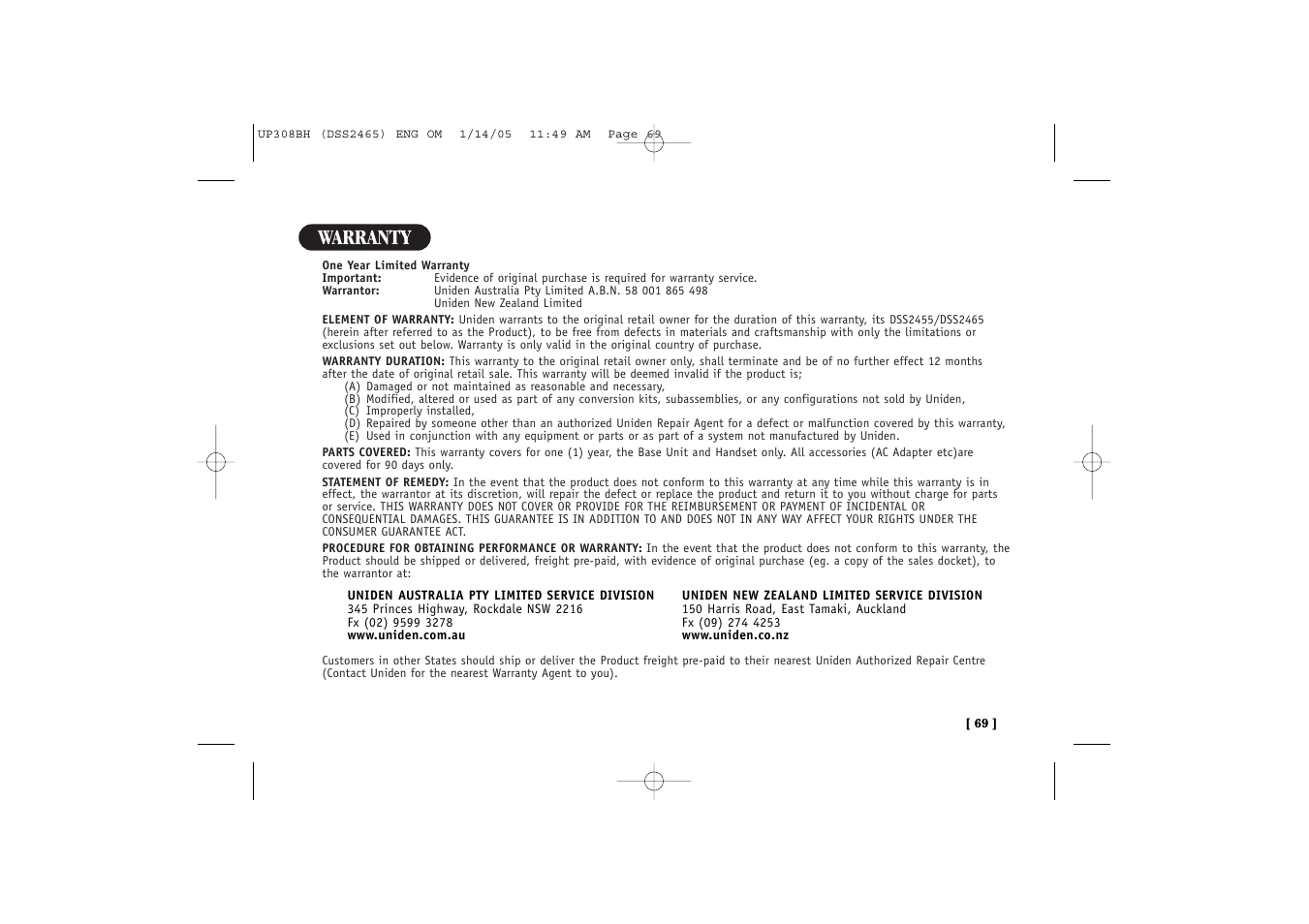 Warranty | Uniden DSS 2455 User Manual | Page 75 / 76