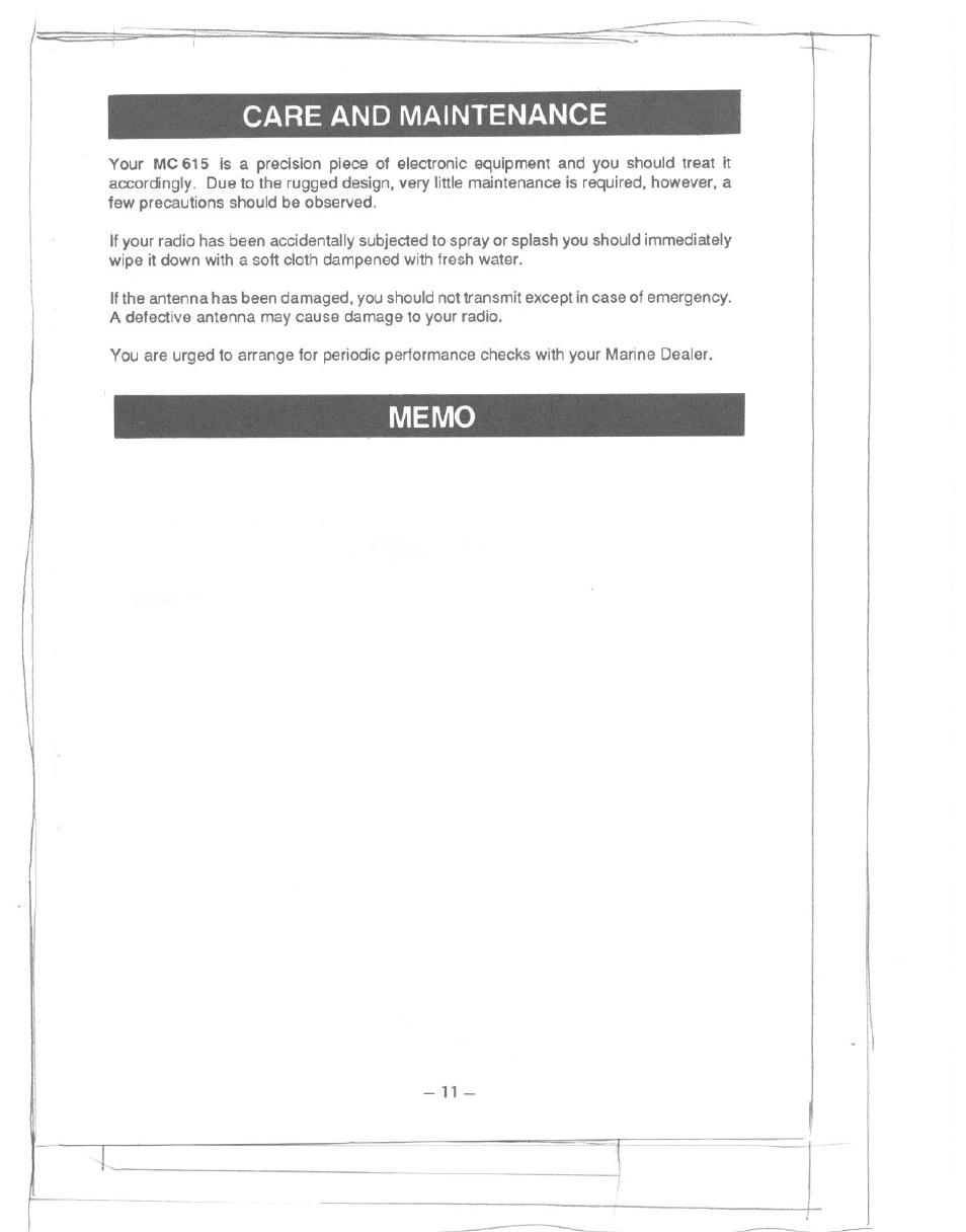 Care and maintenance | Uniden MC615 User Manual | Page 11 / 12