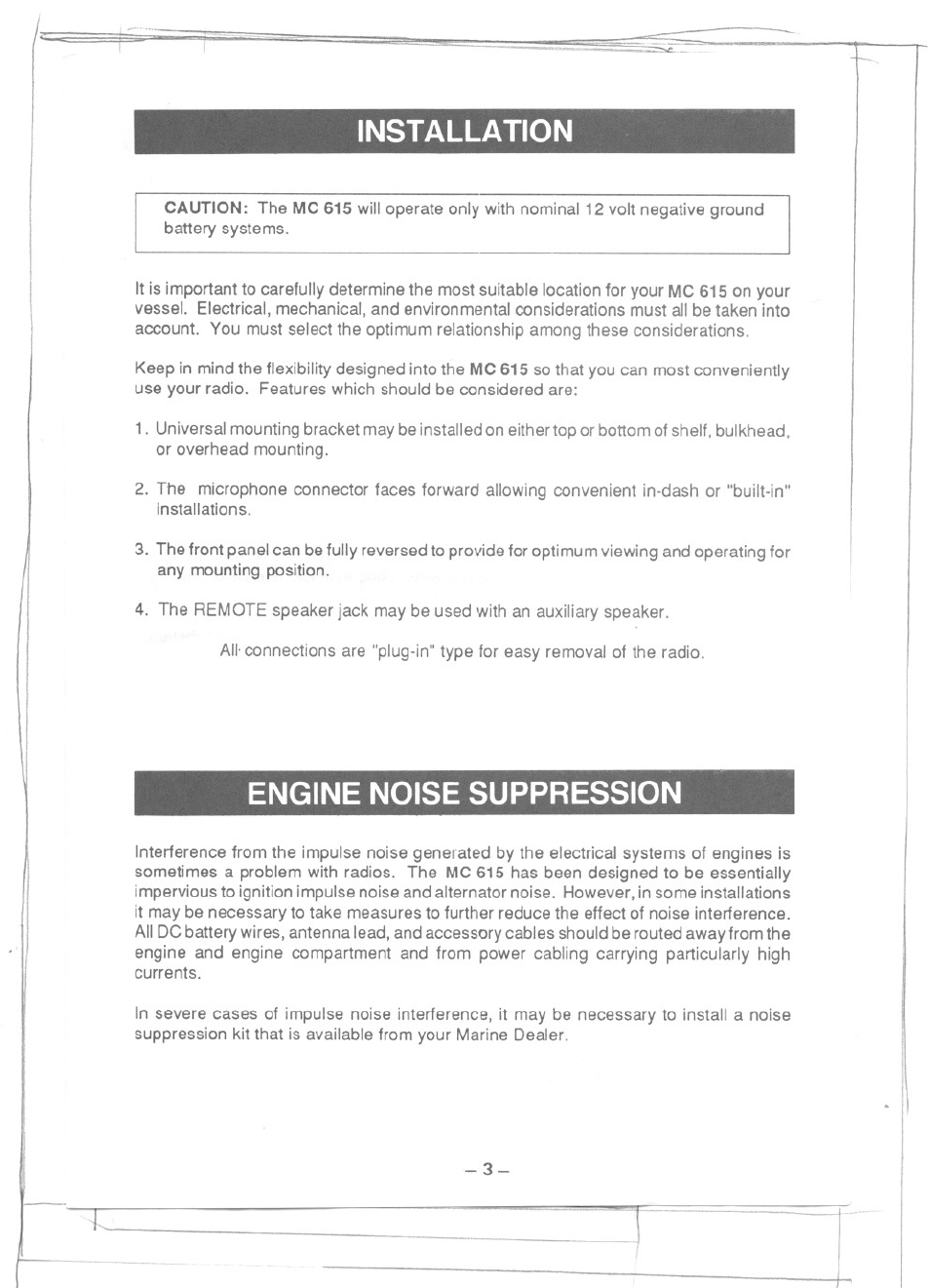 Installation, Engine noise suppression | Uniden MC615 User Manual | Page 3 / 12
