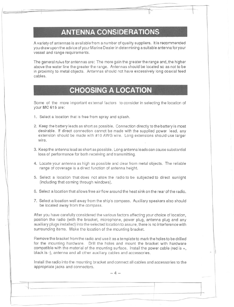 Antenna considerations, Choosing a location | Uniden MC615 User Manual | Page 4 / 12