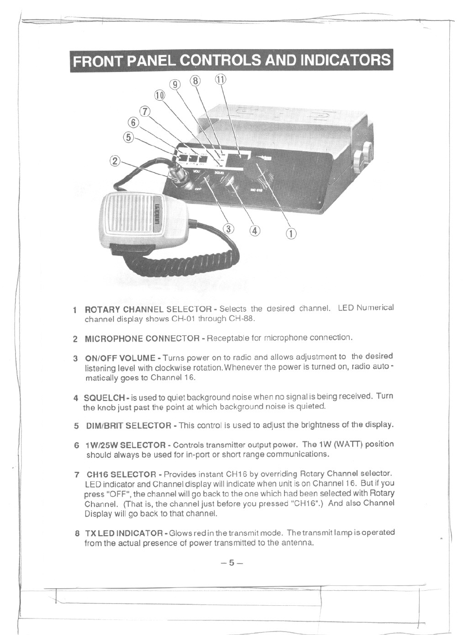 I) o, Front panel controls and indicators | Uniden MC615 User Manual | Page 5 / 12