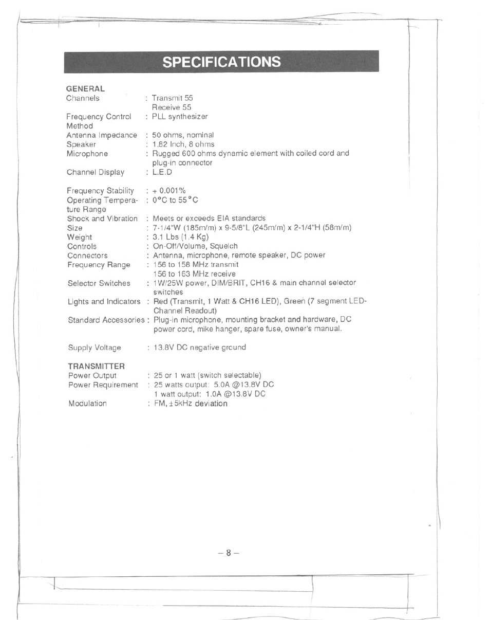 Specifications | Uniden MC615 User Manual | Page 8 / 12