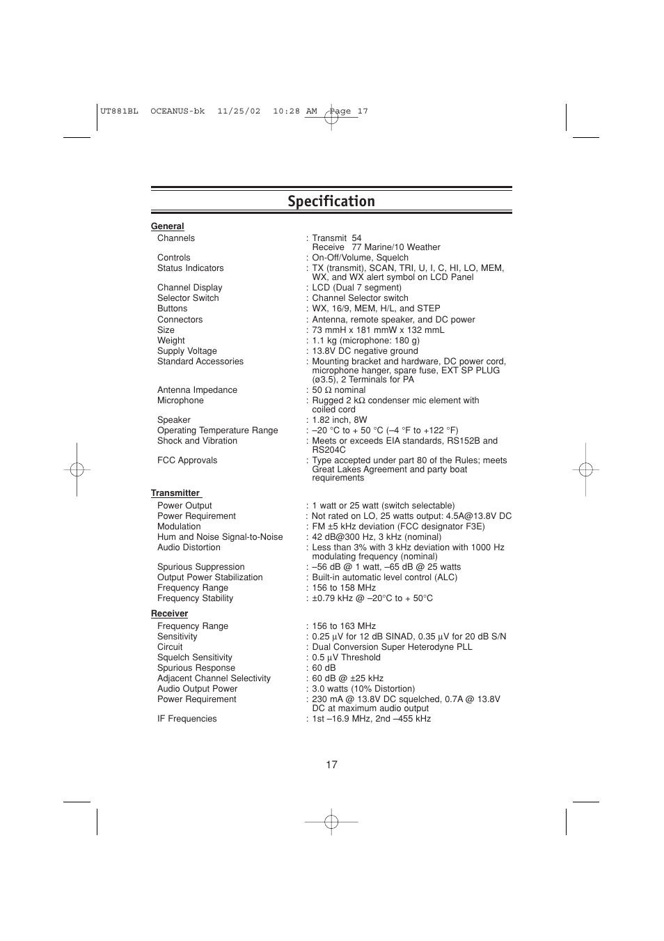 Specification | Uniden Marine Radio User Manual | Page 20 / 24