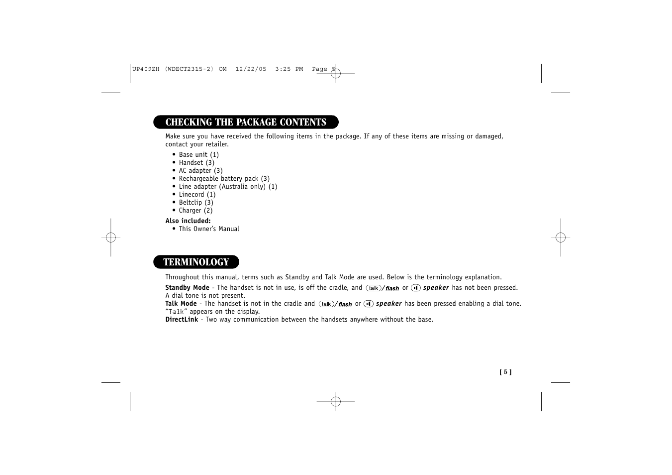 Checking the package contents, Terminology | Uniden 2315+2 User Manual | Page 11 / 60