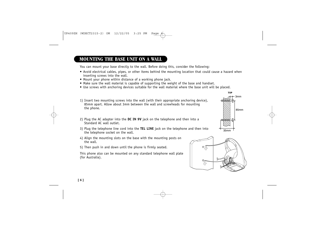 Mounting the base unit on a wall | Uniden 2315+2 User Manual | Page 12 / 60