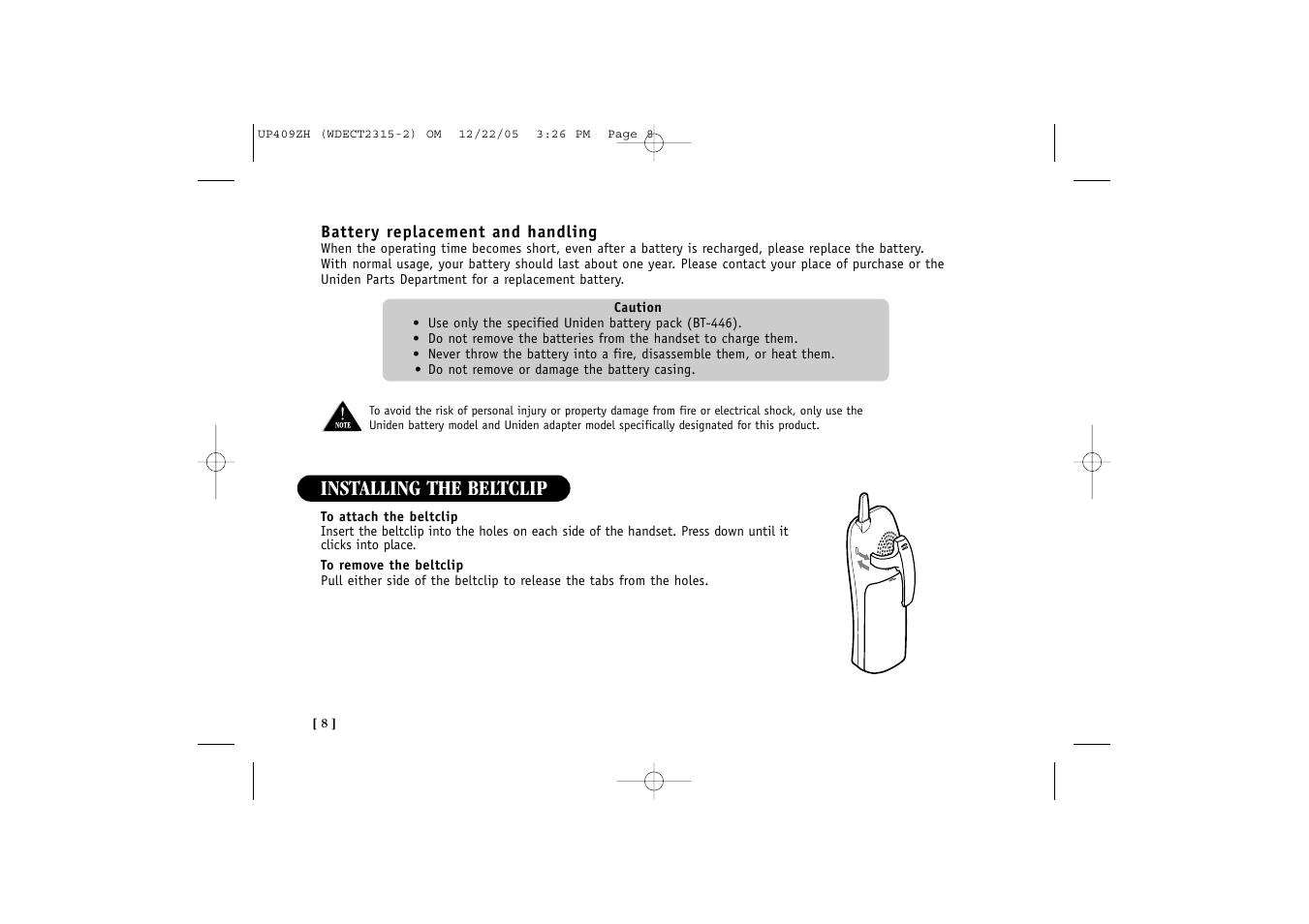 Installing the beltclip | Uniden 2315+2 User Manual | Page 14 / 60