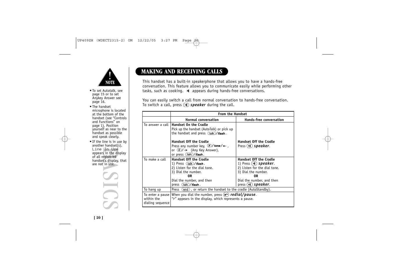 Basics, Making and receiving calls | Uniden 2315+2 User Manual | Page 26 / 60