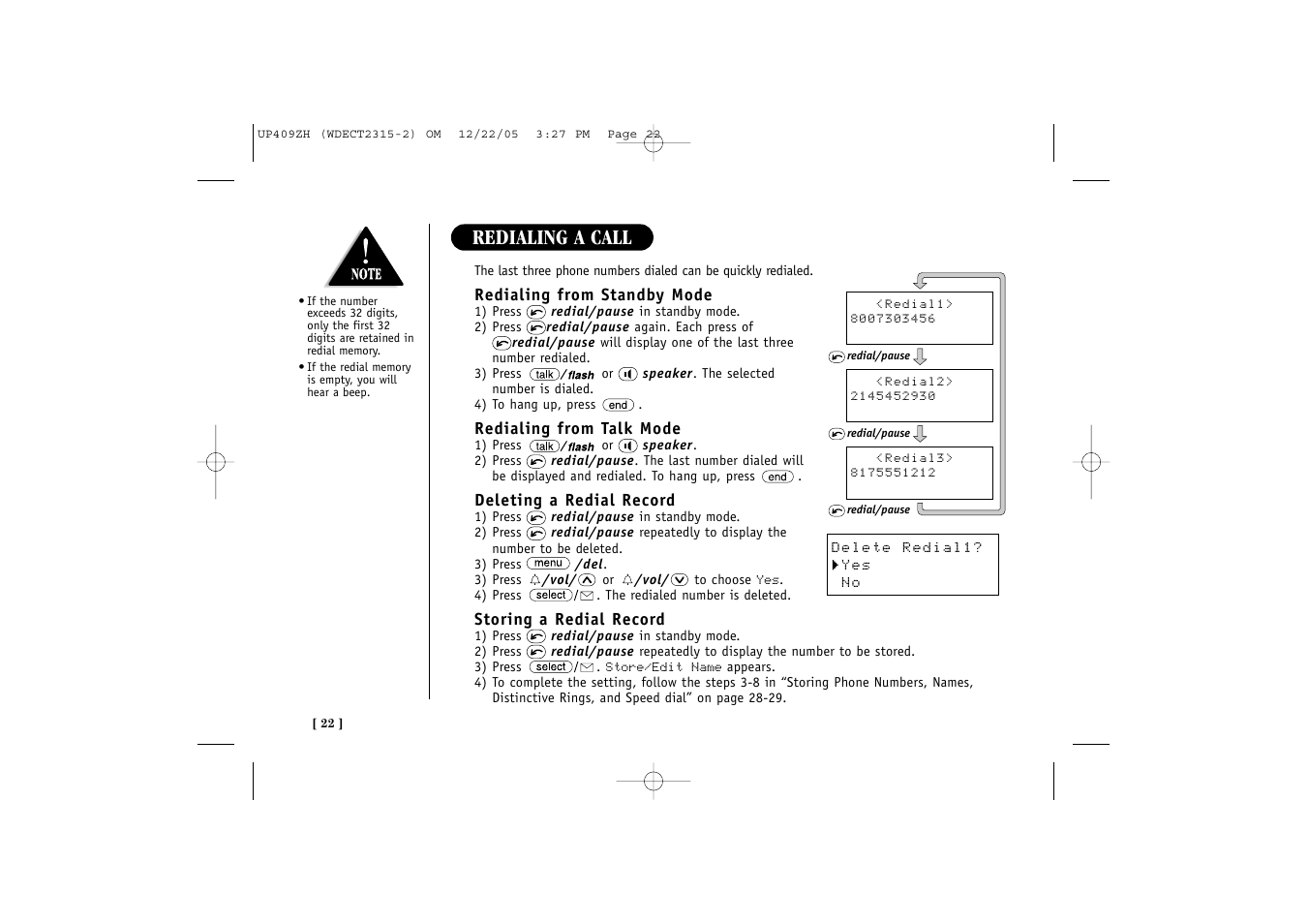 Redialing a call | Uniden 2315+2 User Manual | Page 28 / 60