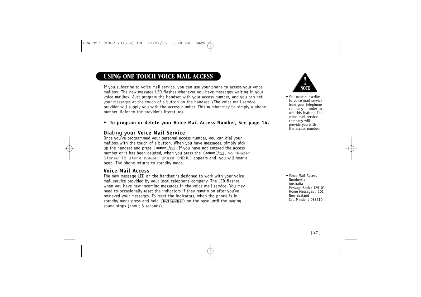 Using one touch voice mail access | Uniden 2315+2 User Manual | Page 33 / 60