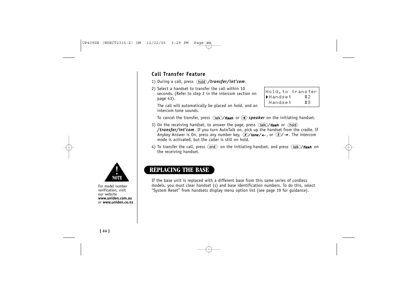 Replacing the base | Uniden 2315+2 User Manual | Page 50 / 60