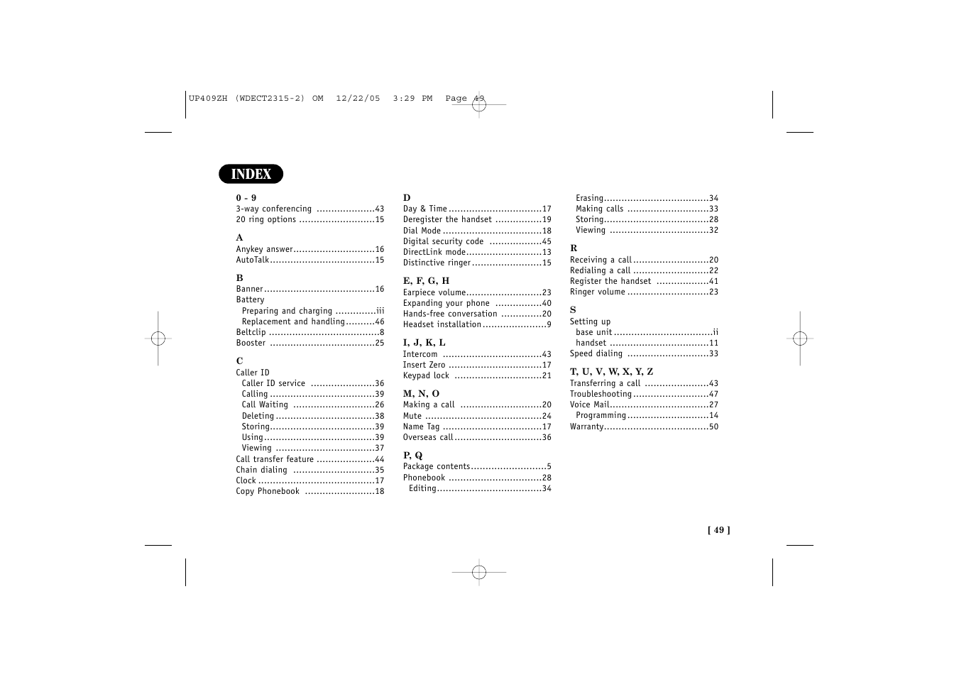 Index | Uniden 2315+2 User Manual | Page 55 / 60