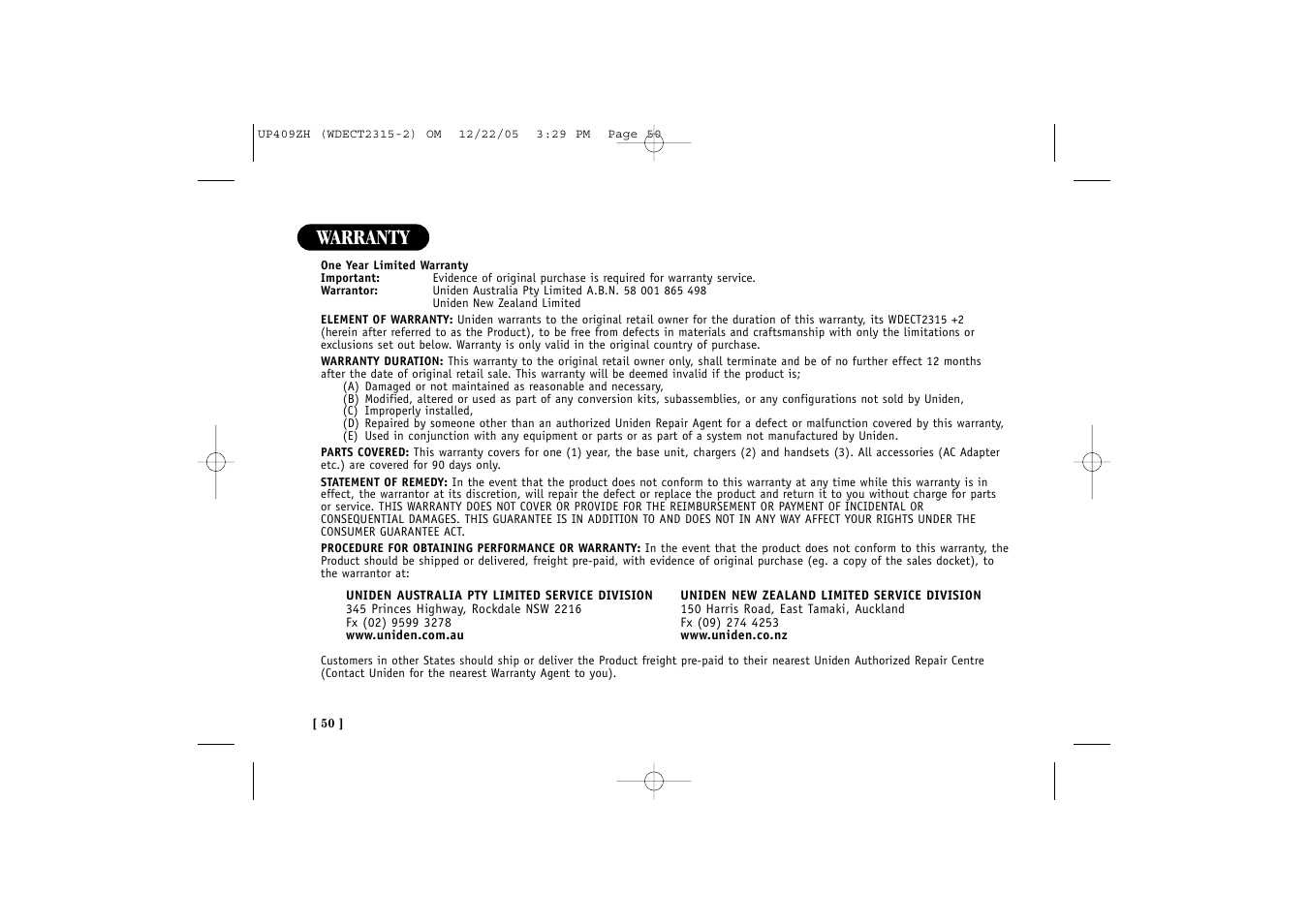 Warranty | Uniden 2315+2 User Manual | Page 56 / 60