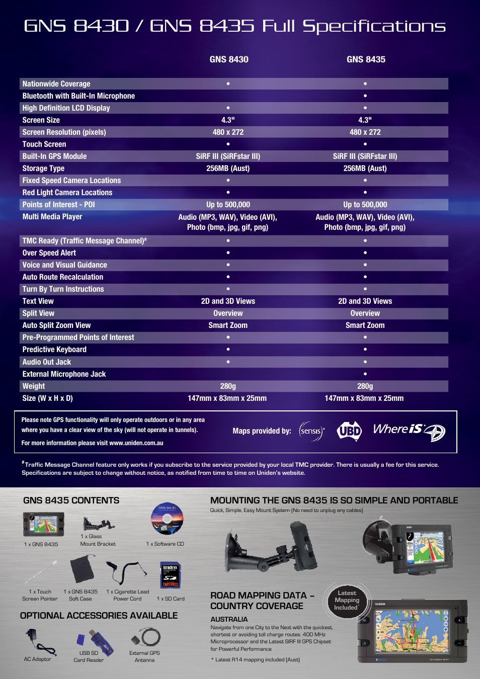 Gns 8435 contents, Optional accessories available | Uniden GNS8430 User Manual | Page 2 / 2