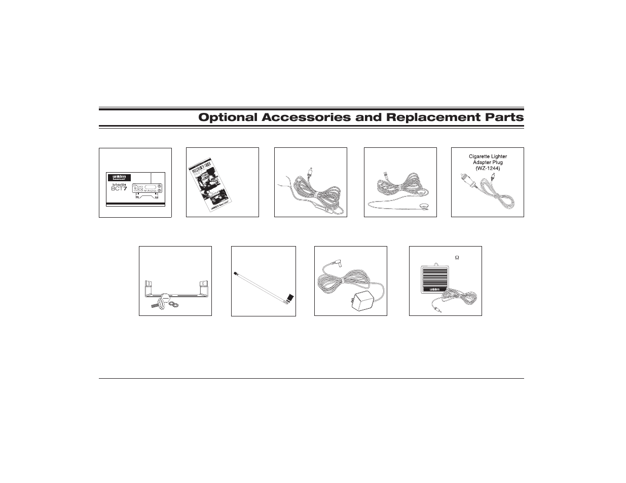 Optional accessories and replacement parts 33, Optional accessories and replacement parts | Uniden BcT7 User Manual | Page 33 / 39