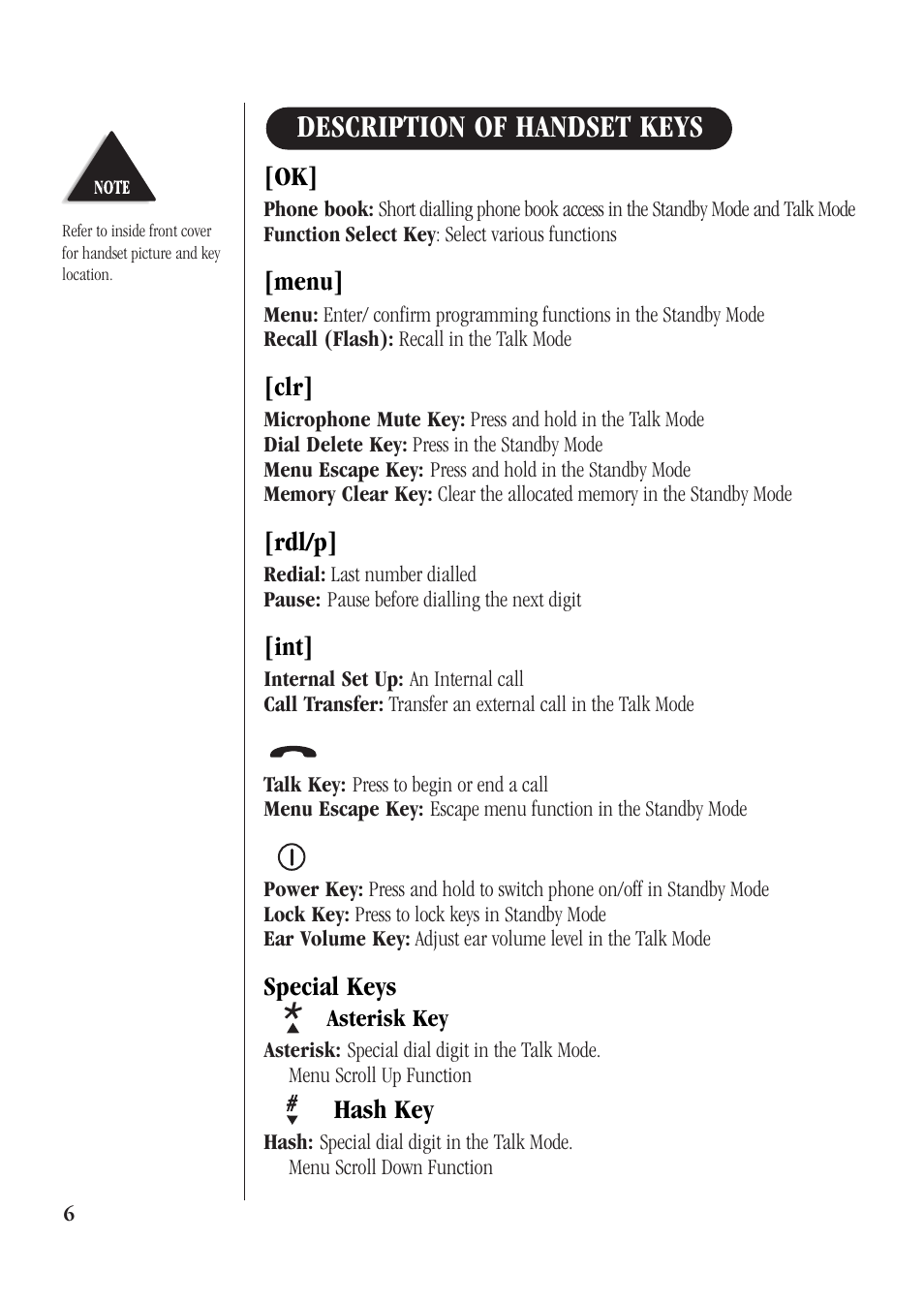 Description of handset keys | Uniden DECT 1811 User Manual | Page 10 / 28