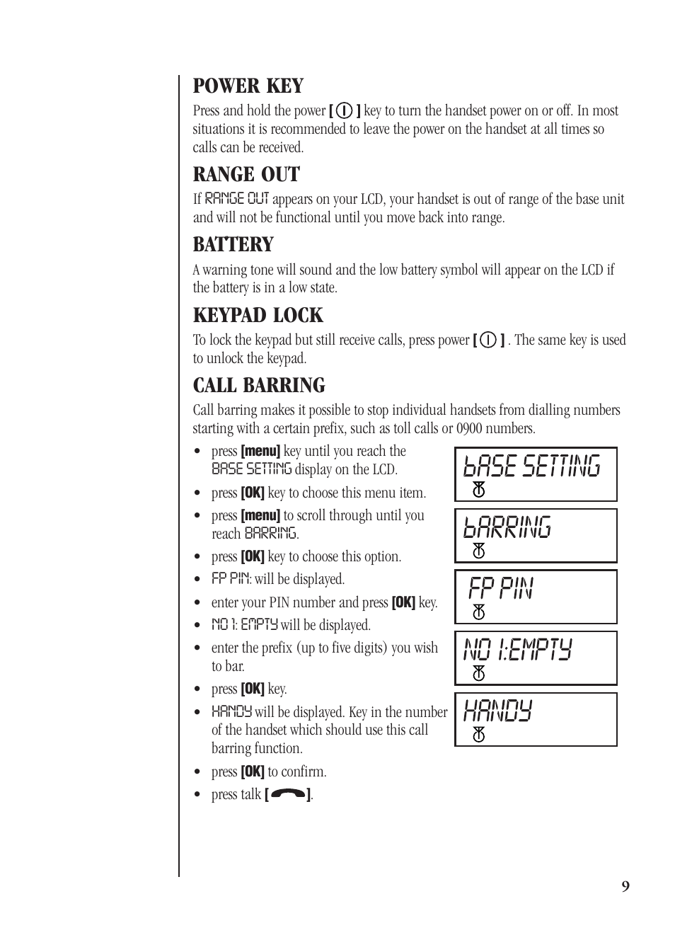 Power key, Range out, Battery | Keypad lock, Call barring | Uniden DECT 1811 User Manual | Page 13 / 28
