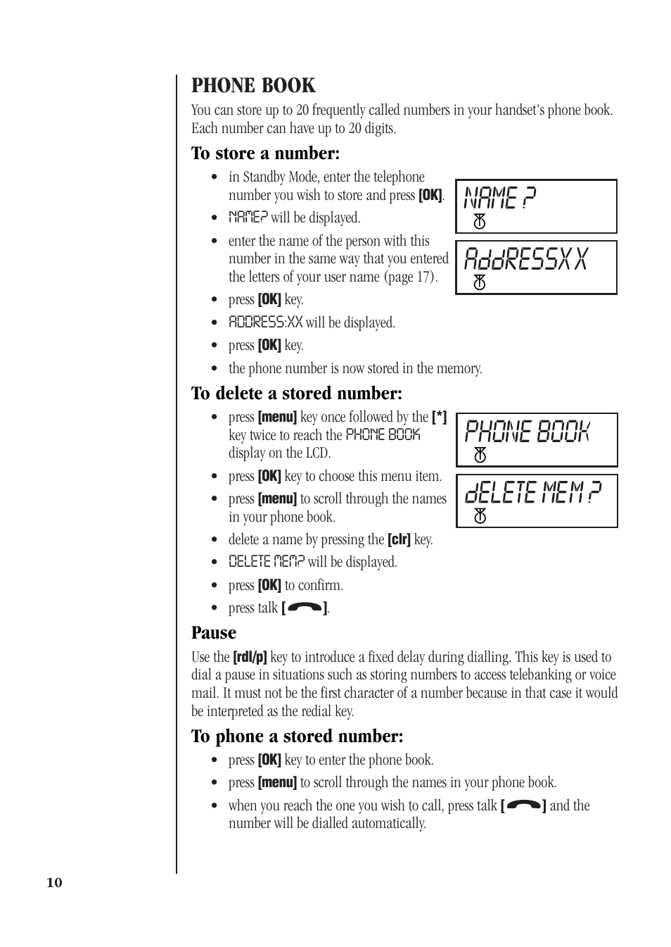 Phone book, Pause | Uniden DECT 1811 User Manual | Page 14 / 28