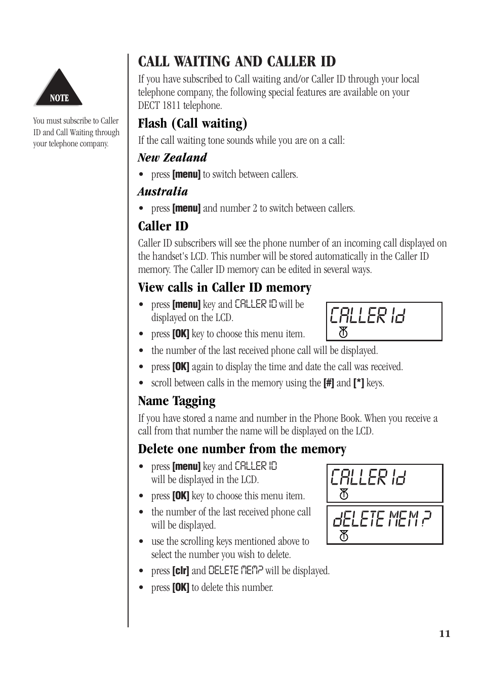 Call waiting and caller id, Flash (call waiting), Caller id | Name tagging | Uniden DECT 1811 User Manual | Page 15 / 28