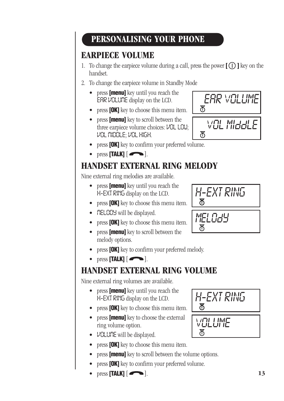 Earpiece volume, Handset external ring melody, Handset external ring volume | Personalising your phone | Uniden DECT 1811 User Manual | Page 17 / 28