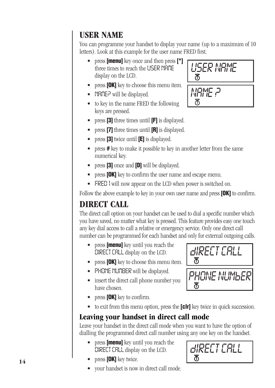 User name, Direct call, Leaving your handset in direct call mode | Uniden DECT 1811 User Manual | Page 18 / 28