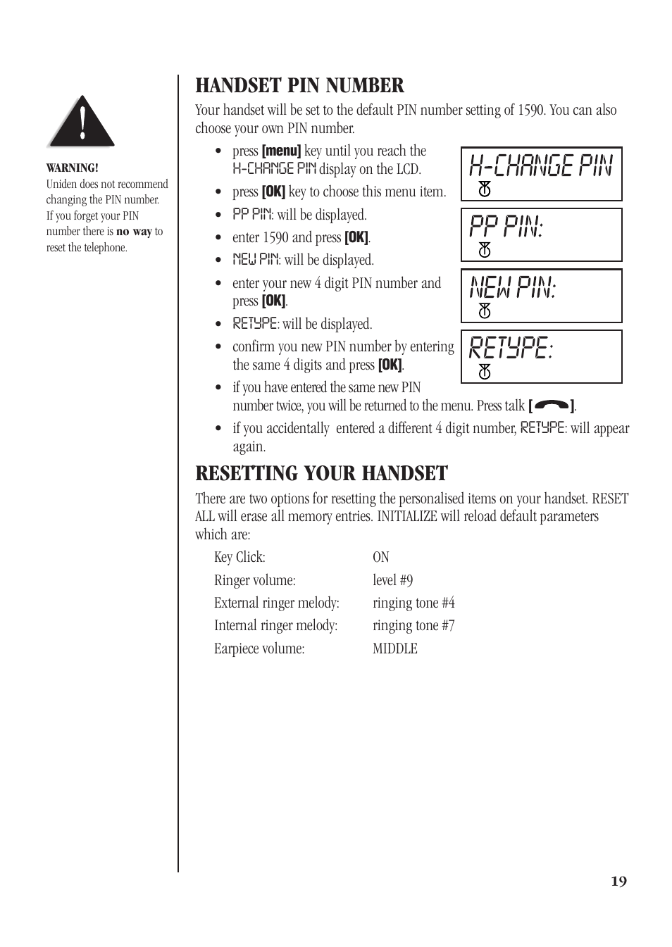 Retype, Handset pin number, Resetting your handset | Uniden DECT 1811 User Manual | Page 23 / 28