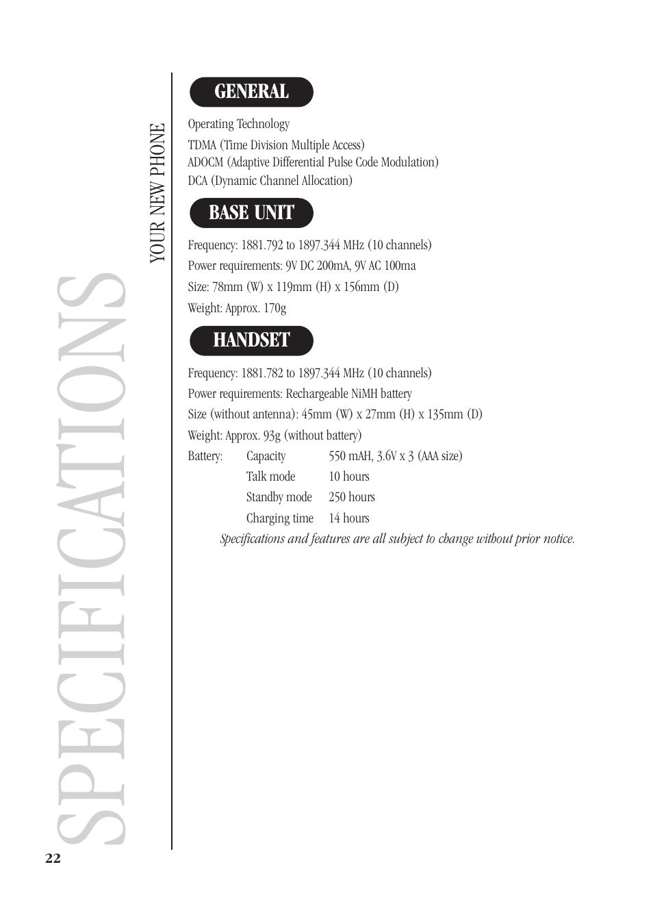 Specifica tions | Uniden DECT 1811 User Manual | Page 26 / 28