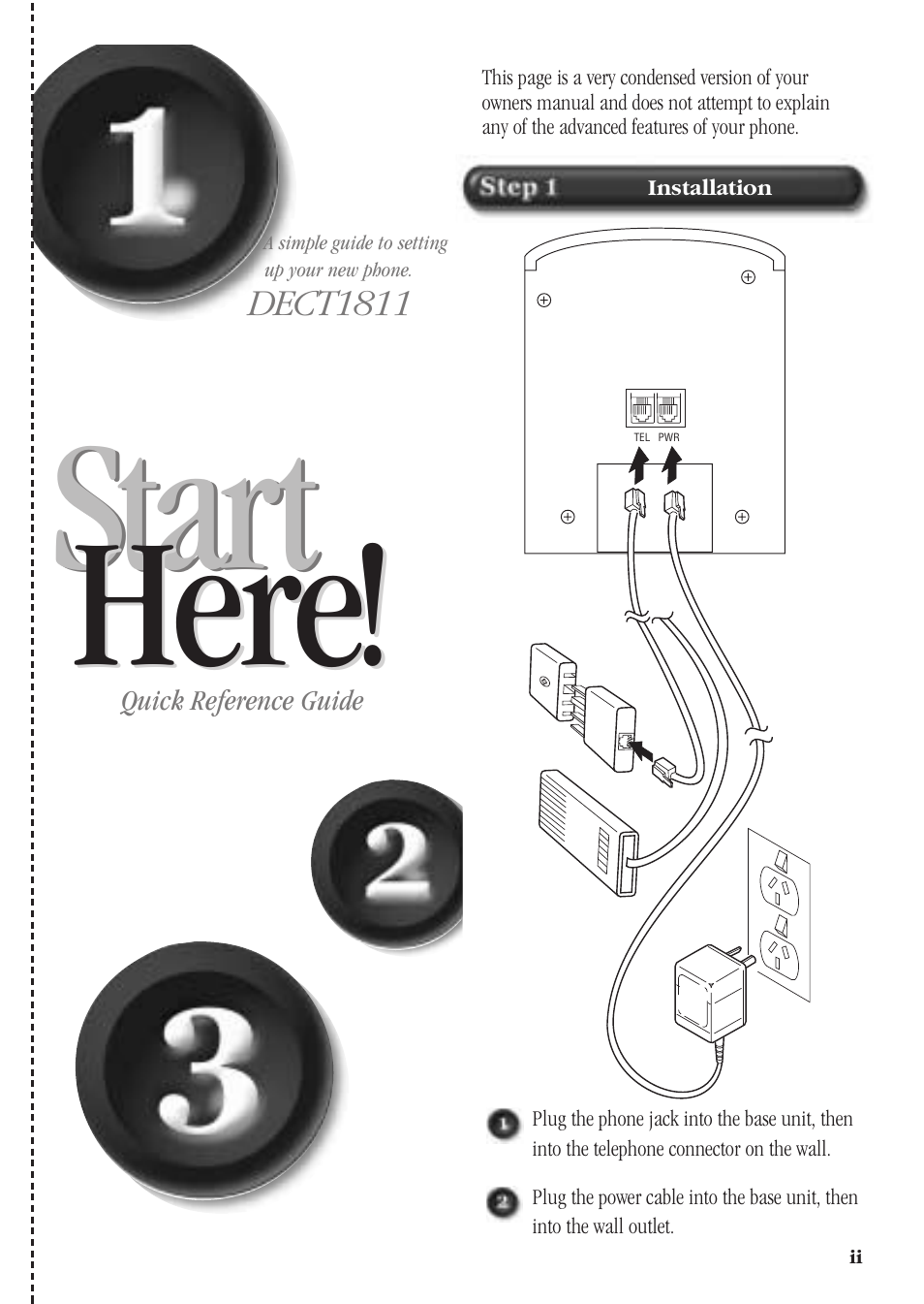 Start, Start here! here | Uniden DECT 1811 User Manual | Page 3 / 28