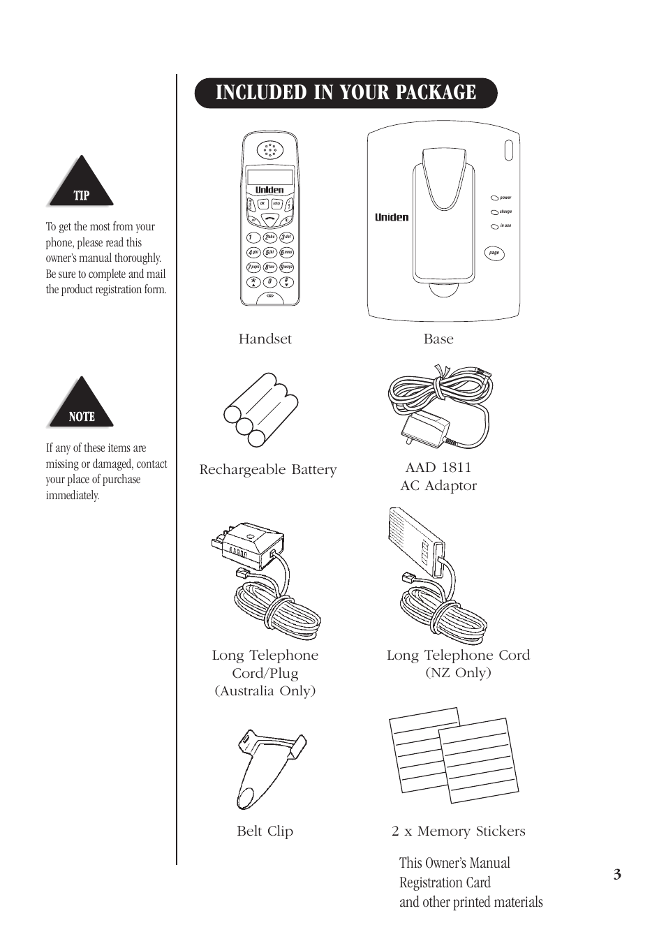 Included in your package, This owner’s manual, Registration card | And other printed materials, Handset base | Uniden DECT 1811 User Manual | Page 7 / 28