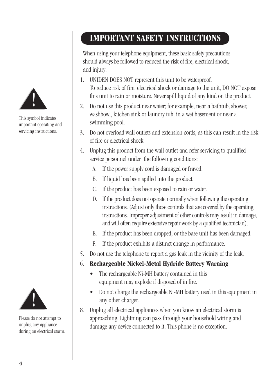 Important safety instructions | Uniden DECT 1811 User Manual | Page 8 / 28