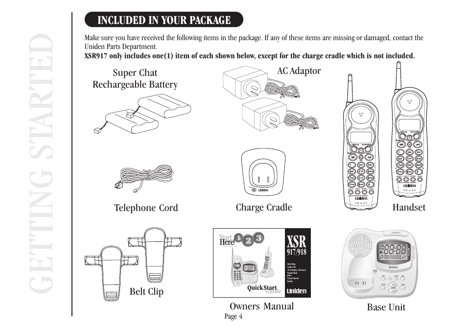 Get ting st ar ted, Included in your package | Uniden XSR917/918 User Manual | Page 12 / 36