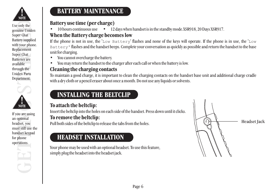 Get ting st ar ted, Battery maintenance, Installing the beltclip headset installation | Uniden XSR917/918 User Manual | Page 14 / 36
