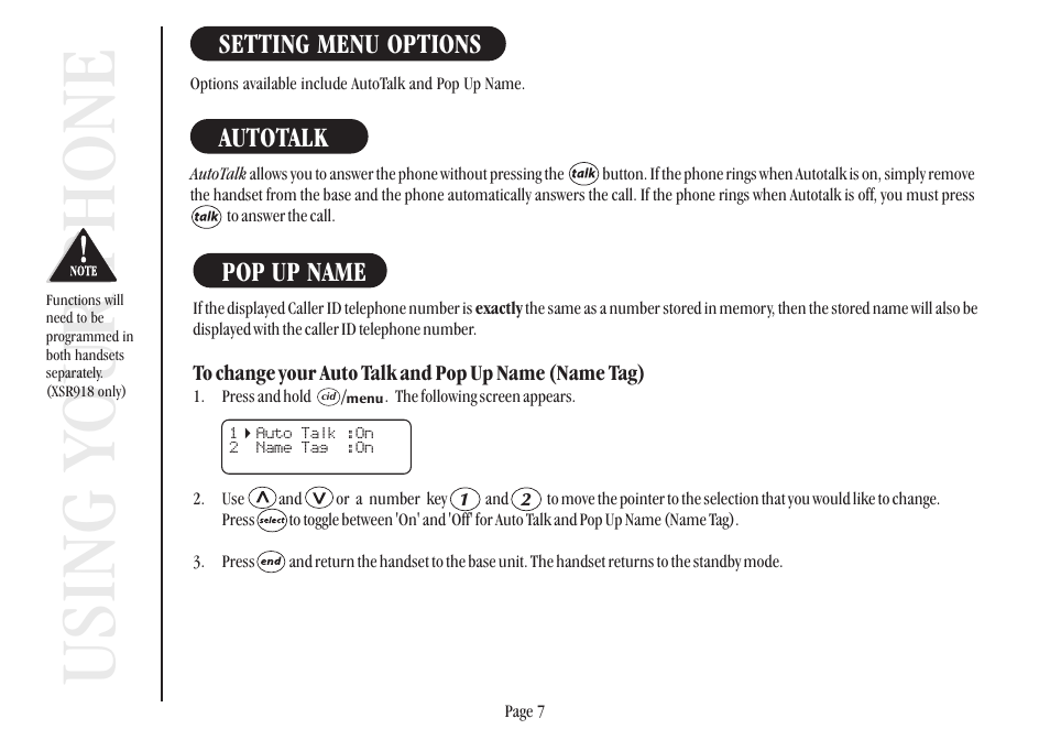 Using your phone, Setting menu options, Autotalk | Pop up name | Uniden XSR917/918 User Manual | Page 15 / 36
