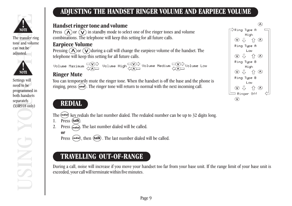 Using your phone, Travelling out-of-range | Uniden XSR917/918 User Manual | Page 17 / 36