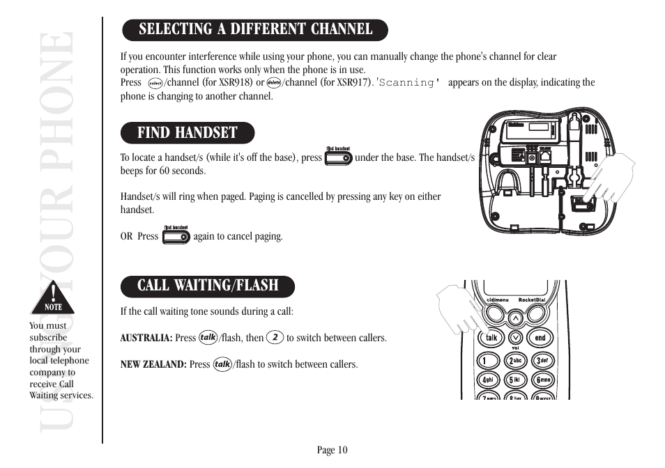 Using your phone, Selecting a different channel, Find handset call waiting/flash | Uniden XSR917/918 User Manual | Page 18 / 36