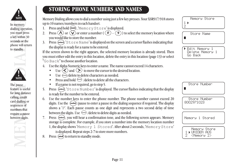 Storing phone numbers and names | Uniden XSR917/918 User Manual | Page 19 / 36