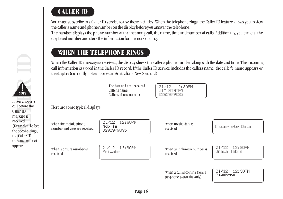 Caller id, When the telephone rings | Uniden XSR917/918 User Manual | Page 24 / 36