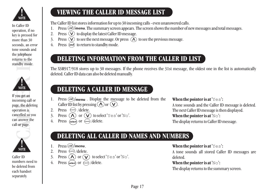 Caller id, Viewing the caller id message list, Deleting information from the caller id list | Deleting a caller id message, Deleting all caller id names and numbers | Uniden XSR917/918 User Manual | Page 25 / 36