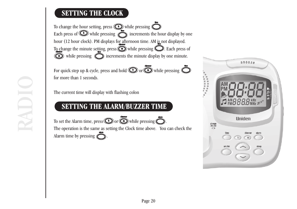 Ra dio, Setting the clock setting the alarm/buzzer time | Uniden XSR917/918 User Manual | Page 28 / 36